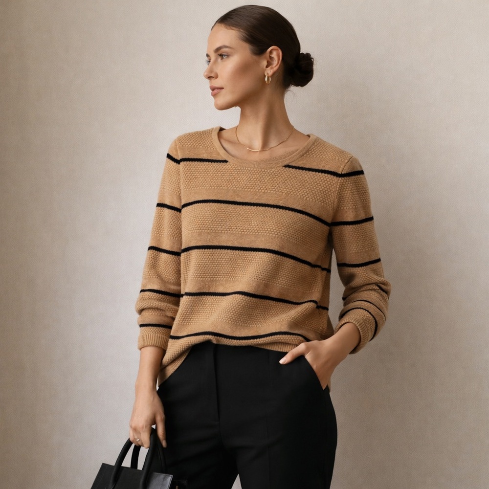 Chico’s Textured Striped Sweater Size 0 US S Tan Black Soft Knit Classic Neutral